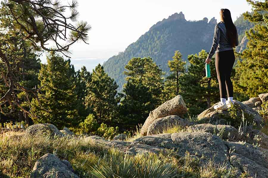 a woman stands on a rock holding a tea tumbler for loose leaf tea and looking out over the mountains