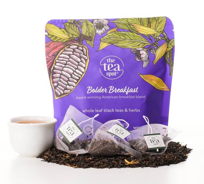 Bolder Breakfast loose leaf tea with bold flavors and rich color, featuring a blend of black teas and dark chocolate essence.