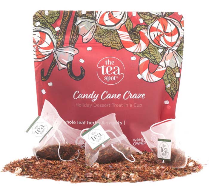 candy cane craze holiday dessert treat in a cup red bag with tea bags in front