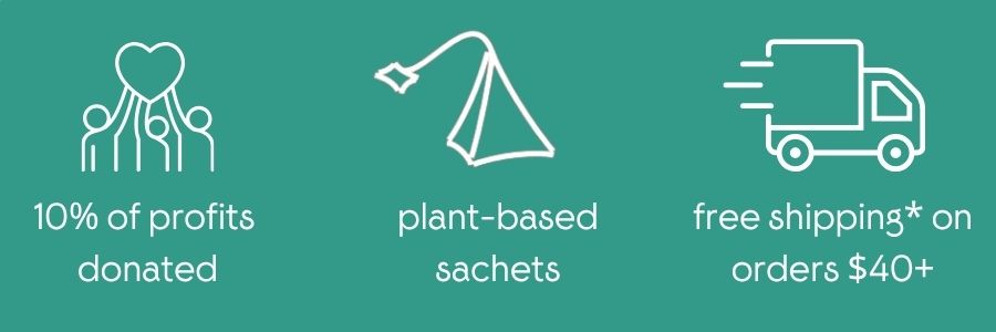 Three icons with text on a teal background: '10% of profits donated', 'plant-based sachets', and 'free shipping* on orders $40+'.