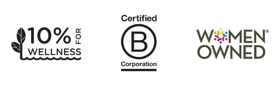 Three certification logos on a white background: 10% for Wellness, Certified B Corporation, and Women Owned.