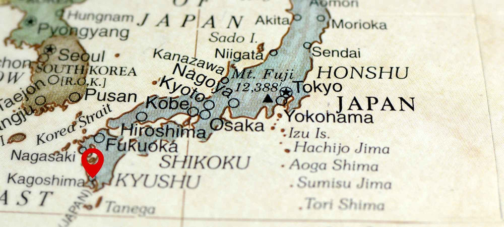 Map of Japan with major cities labeled, including a red dot on Kagoshima.
