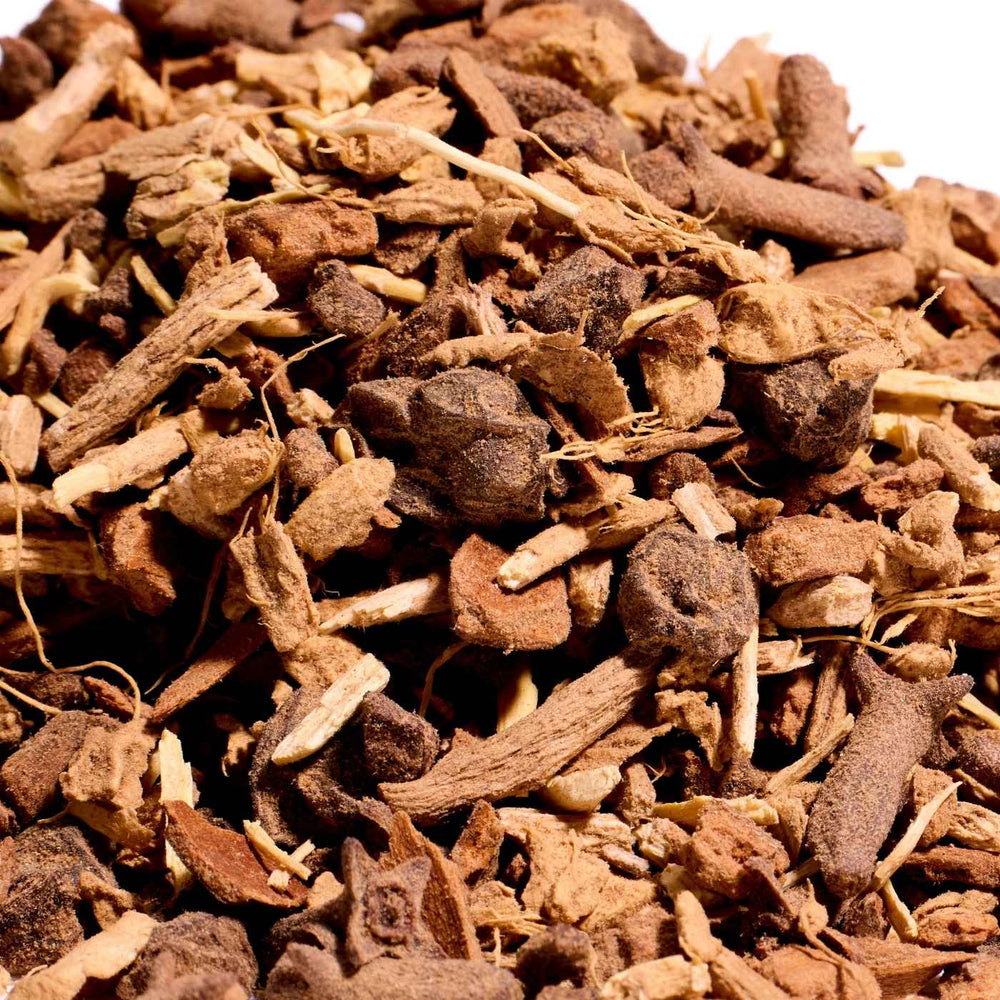 Close-up of a pile of dried adaptogenic herbs on a white background