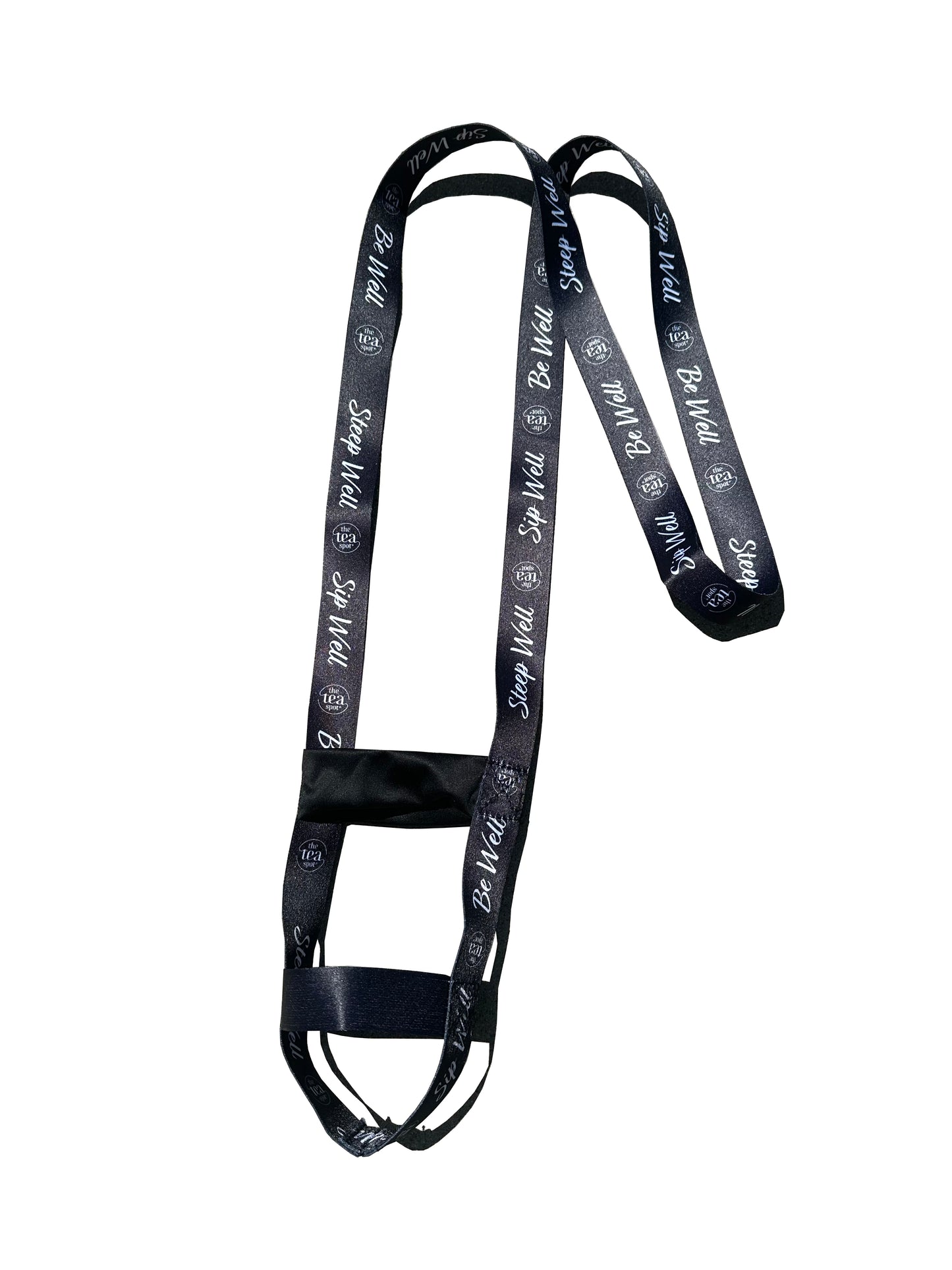 a black bottle strap that reads steep well sip well be well for holding a water bottle