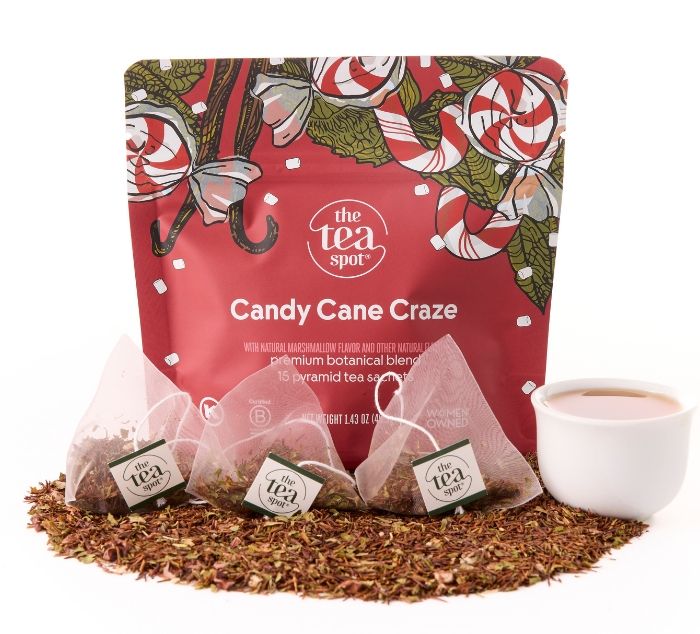 candy cane craze holiday dessert treat in a cup red bag with tea bags in front