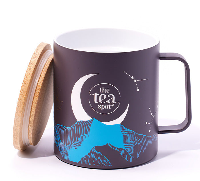 a camping stainless steel tea mug is ceramic lined and has a celestial design etched on it