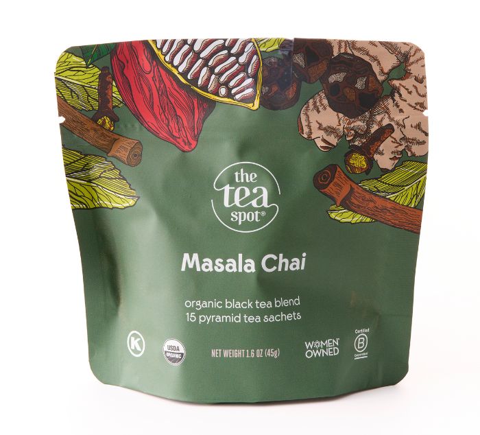 a green bag reads masala chai organic black tea blend