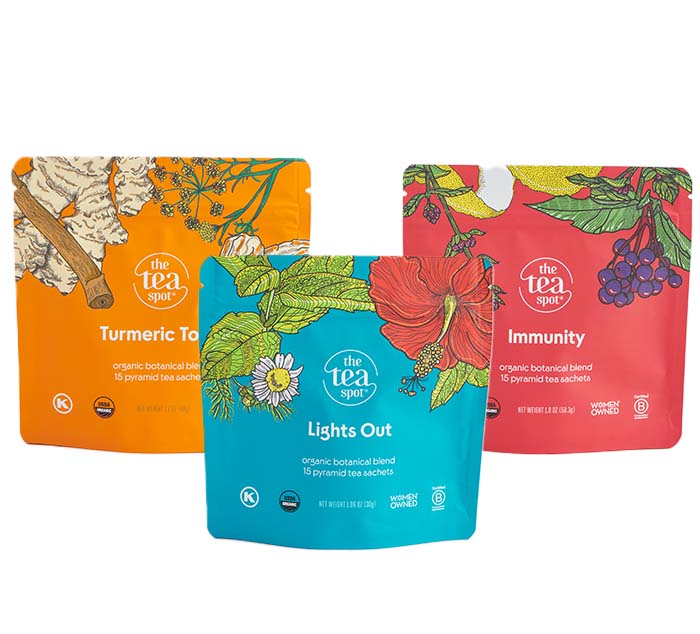 Three bags of tea reading Turmeric Tonic, Lights Out, and Immunity for evening rest