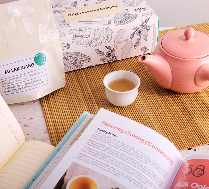 
                  
                    Tea-making setup with an origin reserve tea sampler, pink teapot, cup of tea, and open book on a wooden surface.
                  
                