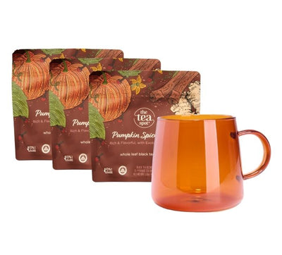 Pumpkin Spice Chai Latte Bundle — three boxes of Pumpkin Spice Chai sachets and a burnt orange Mod Tea Mug