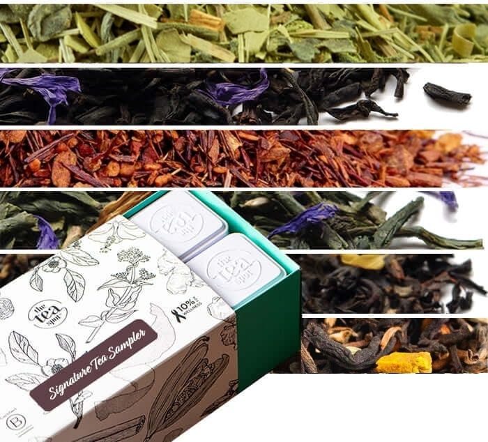 Signature Tea Sampler six rows of loose leaf teas and tea blends in the background and a box with six tea tins in the foreground