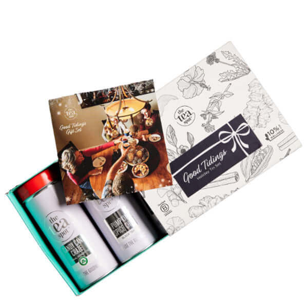 Good tidings gift box with three tea tins Candy Cane, Holiday Spice, and Pumpkin Spice Chai inside