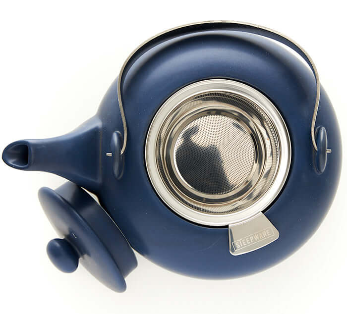 Top view of a satin teapot showing the stainless steel infuser for loose leaf tea. Teapot and lid not included. Replacement part only.