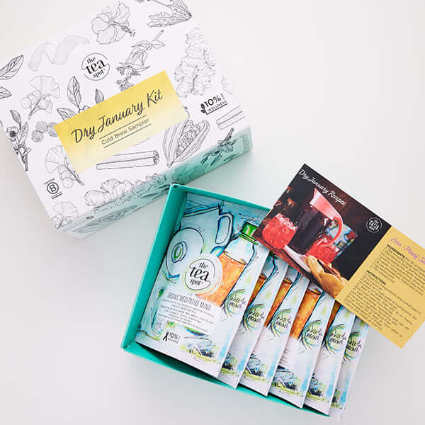 a box that reads Dry January kit sits on a white background and has six pouches of tea inside