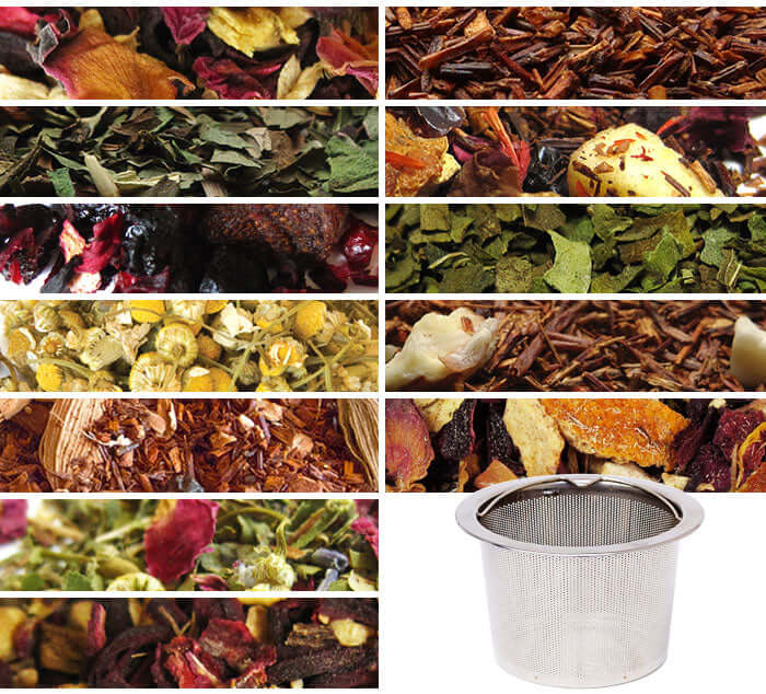 Assorted loose leaf teas with stainless steel tea filter basket from Herbal Tea Club's Quarterly Box Replenish