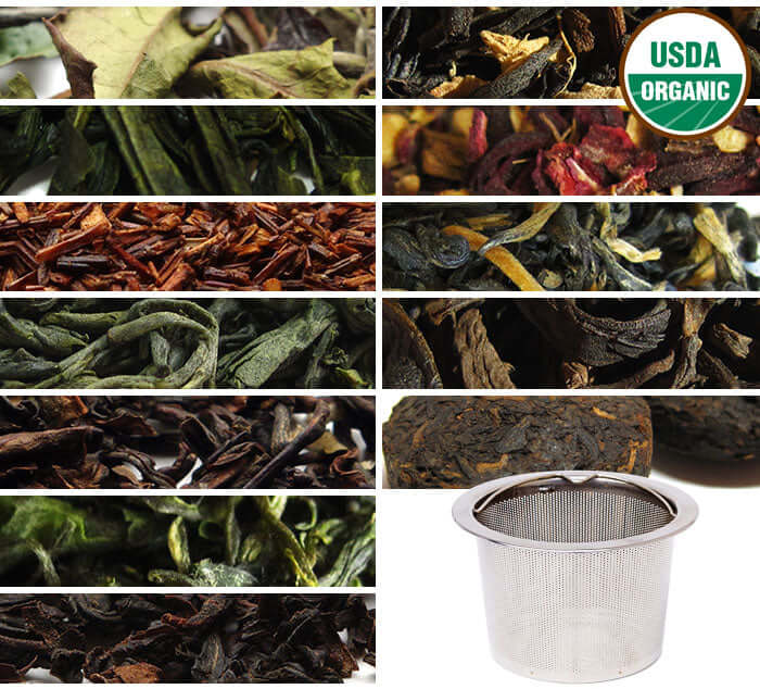 Assorted loose leaf organic teas with stainless steel tea filter basket; features rich colors and USDA Organic badge.