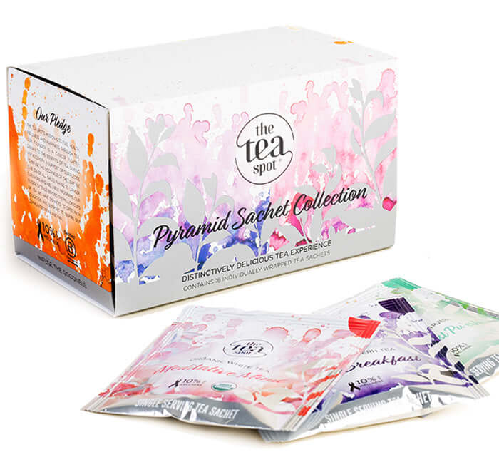 Pyramid Sachet Sampler with 16 tea bags including white tea black tea green tea and oolong tea