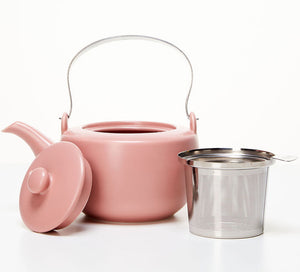 Pink Floral Cast Iron Teapot Kettle with Stainless Steel Infuser